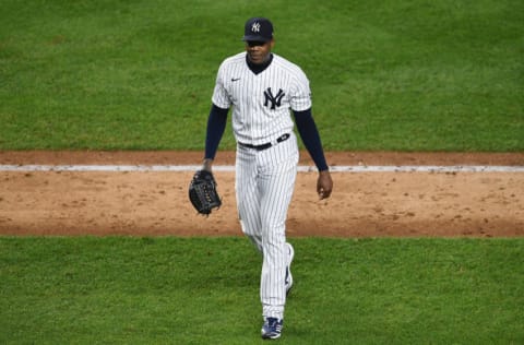 NEW YORK, NEW YORK - SEPTEMBER 25: Aroldis Chapman #54 of the New York Yankees smiles after pitching during the ninth inning against the Miami Marlins at Yankee Stadium on September 25, 2020 in the Bronx borough of New York City. (Photo by Sarah Stier/Getty Images)