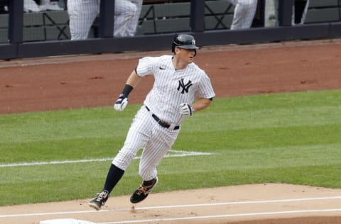 NEW YORK, NEW YORK - SEPTEMBER 26: (NEW YORK DAILIES OUT) DJ LeMahieu #26 of the New York Yankees runs out his double during the first inning against the Miami Marlins at Yankee Stadium on September 26, 2020 in New York City. The Yankees defeated the Marlins 11-4. (Photo by Jim McIsaac/Getty Images)