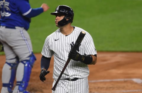 NEW YORK, NEW YORK - SEPTEMBER 15: Gary Sanchez #24 of the New York Yankees reacts after striking out during the second inning against the Toronto Blue Jays at Yankee Stadium on September 15, 2020 in the Bronx borough of New York City. (Photo by Sarah Stier/Getty Images)