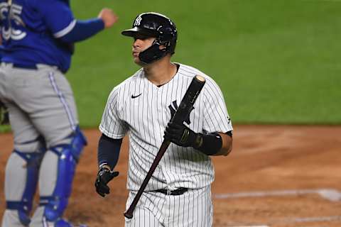 NEW YORK, NEW YORK – SEPTEMBER 15: Gary Sanchez #24 of the New York Yankees reacts after striking out during the second inning against the Toronto Blue Jays at Yankee Stadium on September 15, 2020 in the Bronx borough of New York City. (Photo by Sarah Stier/Getty Images)