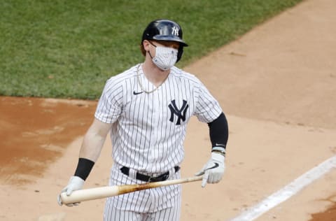 NEW YORK, NEW YORK - SEPTEMBER 26: (NEW YORK DAILIES OUT) Clint Frazier #77 of the New York Yankees in action against the Miami Marlins at Yankee Stadium on September 26, 2020 in New York City. The Yankees defeated the Marlins 11-4. (Photo by Jim McIsaac/Getty Images)