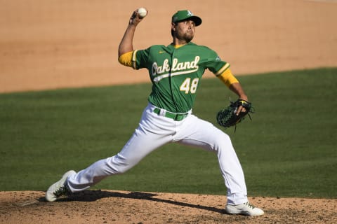 Joakim Soria #48 of the Oakland Athletics (Photo by Kevork Djansezian/Getty Images)