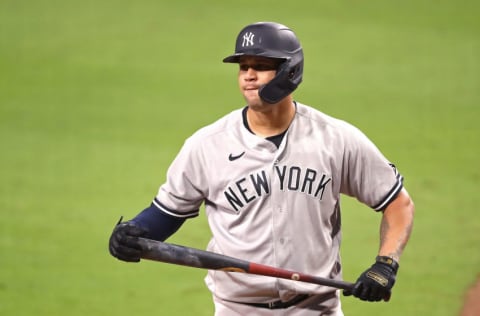 SAN DIEGO, CALIFORNIA - OCTOBER 06: Gary Sanchez #24 of the New York Yankees reacts after striking out against the Tampa Bay Rays during the ninth inning in Game Two of the American League Division Series at PETCO Park on October 06, 2020 in San Diego, California. (Photo by Sean M. Haffey/Getty Images)