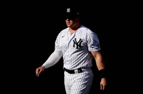 SAN DIEGO, CALIFORNIA - OCTOBER 07: Luke Voit #59 of the New York Yankees walks toward the dugout prior to Game Three of the American League Division Series against the Tampa Bay Rays at PETCO Park on October 07, 2020 in San Diego, California. (Photo by Christian Petersen/Getty Images)