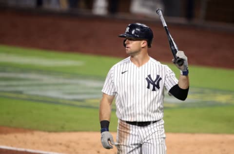 SAN DIEGO, CALIFORNIA - OCTOBER 07: Brett Gardner #11 of the New York Yankees reacts after striking out against the Tampa Bay Rays during the eighth inning in Game Three of the American League Division Series at PETCO Park on October 07, 2020 in San Diego, California. (Photo by Christian Petersen/Getty Images)