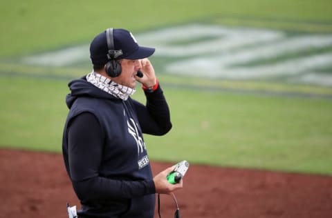 SAN DIEGO, CALIFORNIA - OCTOBER 08: Manager Aaron Boone of the New York Yankees is interviewed in between innings against the Tampa Bay Rays in Game Four of the American League Division Series at PETCO Park on October 08, 2020 in San Diego, California. (Photo by Sean M. Haffey/Getty Images)