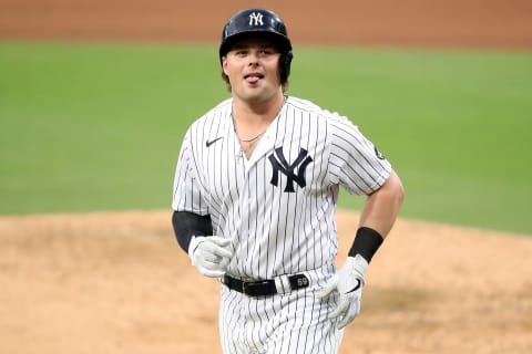 SAN DIEGO, CALIFORNIA – OCTOBER 08: Luke Voit #59 of the New York Yankees reacts after flying out against the Tampa Bay Rays during the sixth inning in Game Four of the American League Division Series at PETCO Park on October 08, 2020 in San Diego, California. (Photo by Sean M. Haffey/Getty Images)