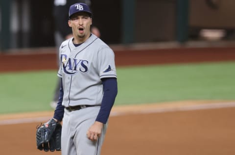 ARLINGTON, TEXAS - OCTOBER 27: Blake Snell #4 of the Tampa Bay Rays reacts as he is being taken out of the game against the Los Angeles Dodgers during the sixth inning in Game Six of the 2020 MLB World Series at Globe Life Field on October 27, 2020 in Arlington, Texas. (Photo by Tom Pennington/Getty Images)