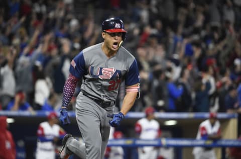 SAN DIEGO, CA - MARCH 18: Giancarlo Stanton #27 of the United States reacts after hitting a two run home run during the fourth inning of the World Baseball Classic Pool F Game Six between the United States and the Dominican Republic at PETCO Park on March 18, 2017 in San Diego, California. (Photo by Denis Poroy/Getty Images)