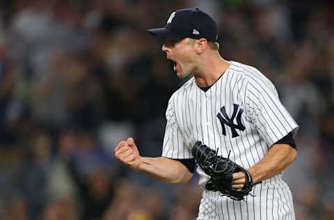 NEW YORK, NY - AUGUST 31: David Robertson #30 of the New York Yankees reacts after striking out the final batter to defeat the Detroit Tigers 7-5 in a game at Yankee Stadium on August 31, 2018 in the Bronx borough of New York City. (Photo by Rich Schultz/Getty Images)