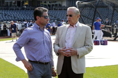 NEW YORK, NEW YORK - JUNE 28: (NEW YORK DAILIES OUT) New York Mets COO Jeff Wilpon (L) and majority owner Fred Wilpon during batting practice before a game against the Atlanta Braves at Citi Field on Friday, June 28, 2019 in the Queens borough of New York City. The Braves defeated the Mets 6-2. (Photo by Jim McIsaac/Getty Images)