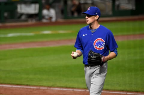 PITTSBURGH, PA - SEPTEMBER 23: Kyle Hendricks #28 of the Chicago Cubs walks off the field after being removed in the eighth inning during the game against the Pittsburgh Pirates at PNC Park on September 23, 2020 in Pittsburgh, Pennsylvania. (Photo by Justin Berl/Getty Images)