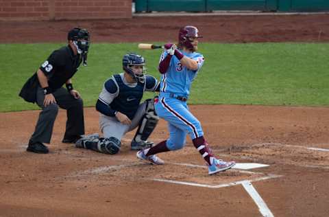 PHILADELPHIA, PA - AUGUST 06: Bryce Harper #3 of the Philadelphia Phillies bats against the New York Yankees at Citizens Bank Park on August 6, 2020 in Philadelphia, Pennsylvania. The Phillies defeated the Yankees 5-4. (Photo by Mitchell Leff/Getty Images)