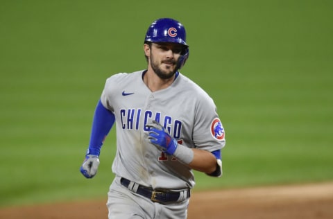 CHICAGO, ILLINOIS - SEPTEMBER 26: Kris Bryant #17 of the Chicago Cubs hits a grand slam in the third inning against the Chicago White Sox at Guaranteed Rate Field on September 26, 2020 in Chicago, Illinois. (Photo by Quinn Harris/Getty Images)