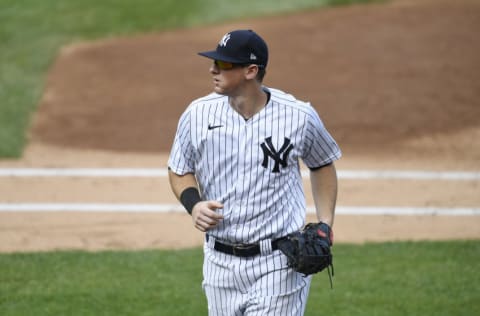 NEW YORK, NEW YORK - SEPTEMBER 27: DJ LeMahieu #26 of the New York Yankees looks on during the second inning against the Miami Marlins at Yankee Stadium on September 27, 2020 in the Bronx borough of New York City. (Photo by Sarah Stier/Getty Images)