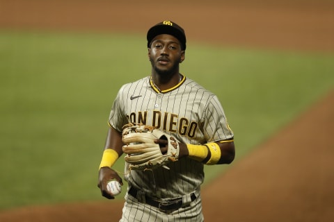 SAN FRANCISCO, CALIFORNIA – SEPTEMBER 26: Jurickson Profar #10 of the San Diego Padres looks on between innings against the San Francisco Giants at Oracle Park on September 26, 2020 in San Francisco, California. (Photo by Lachlan Cunningham/Getty Images)