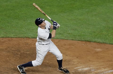 NEW YORK, NEW YORK - SEPTEMBER 25: (NEW YORK DAILIES OUT) DJ LeMahieu #26 of the New York Yankees in action against the Miami Marlins at Yankee Stadium on September 25, 2020 in New York City. The Marlins defeated the Yankees 4-3 in ten innings and clinched a playoff spot. (Photo by Jim McIsaac/Getty Images)