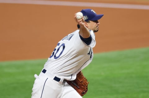 ARLINGTON, TEXAS - OCTOBER 23: Charlie Morton #50 of the Tampa Bay Rays delivers the pitch against the Los Angeles Dodgers during the first inning in Game Three of the 2020 MLB World Series at Globe Life Field on October 23, 2020 in Arlington, Texas. (Photo by Ronald Martinez/Getty Images)