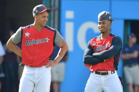 CLEVELAND, OHIO – JULY 09: Michael Brantley #23 of the Houston Astros and Francisco Lindor #12 of the Cleveland Indians during the 2019 MLB All-Star Game at Progressive Field on July 09, 2019 in Cleveland, Ohio. (Photo by Jason Miller/Getty Images)