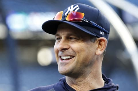 NEW YORK, NEW YORK - OCTOBER 04: (NEW YORK DAILIES OUT) Manager Aaron Boone #17 of the New York Yankees looks on before game one of the American League Division Series against the Minnesota Twins at Yankee Stadium on October 04, 2019 in New York City. The Yankees defeated the Twins 10-4. (Photo by Jim McIsaac/Getty Images)