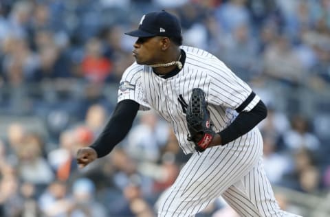 NEW YORK, NEW YORK - OCTOBER 15: (NEW YORK DAILIES OUT) Luis Severino #40 of the New York Yankees in action against the Houston Astros in game three of the American League Championship Series at Yankee Stadium on October 15, 2019 in New York City. The Astros defeated the Yankees 4-1. (Photo by Jim McIsaac/Getty Images)