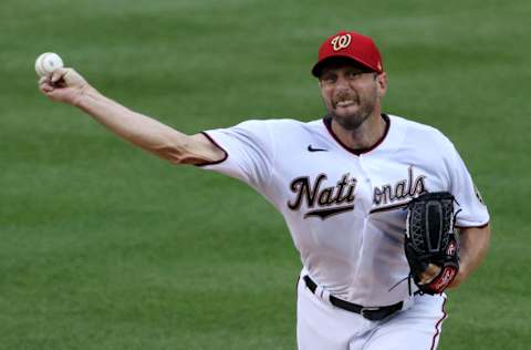 WASHINGTON, DC - JULY 23: Starting pitcher Max Scherzer #31 of the Washington Nationals throws to a New York Yankees batter during Opening Day at Nationals Park on July 23, 2020 in Washington, DC. The 2020 season had been postponed since March due to the COVID-19 pandemic. (Photo by Rob Carr/Getty Images)