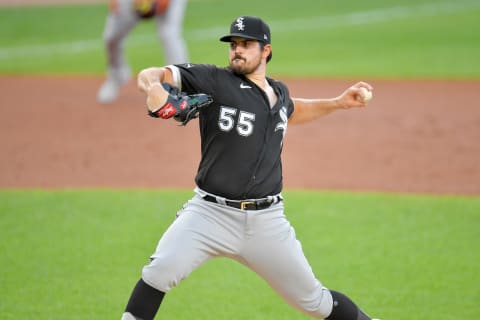 CLEVELAND, OHIO – JULY 28: Starting pitcher Carlos Rodon #55 of the Chicago White Sox pitches during the first inning of game 2 of a double header against the Cleveland Indians at Progressive Field on July 28, 2020 in Cleveland, Ohio. (Photo by Jason Miller/Getty Images)