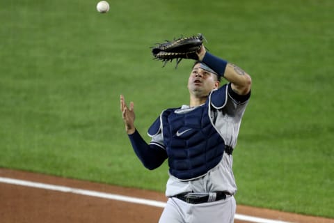 BUFFALO, NEW YORK – SEPTEMBER 08: Gary Sanchez #24 of the New York Yankees drops a flyball hit by Cavan Biggio #8 of the Toronto Blue Jays during the fifth inning at Sahlen Field on September 08, 2020 in Buffalo, New York. The Blue Jays are the home team and are playing their home games in Buffalo due to the Canadian government’s policy on coronavirus (COVID-19). (Photo by Bryan M. Bennett/Getty Images)