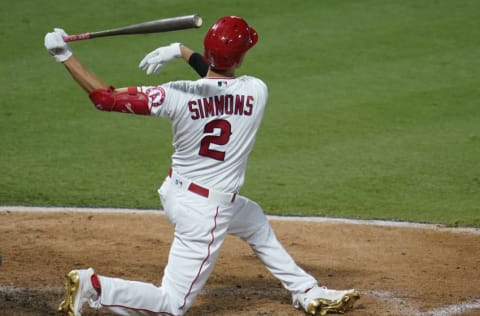 ANAHEIM, CA - SEPTEMBER 16: Andrelton Simmons #2 of the Los Angeles Angels gets a hit against the Arizona Diamondbacks at Angel Stadium of Anaheim on September 16, 2020 in Anaheim, California. (Photo by John McCoy/Getty Images)