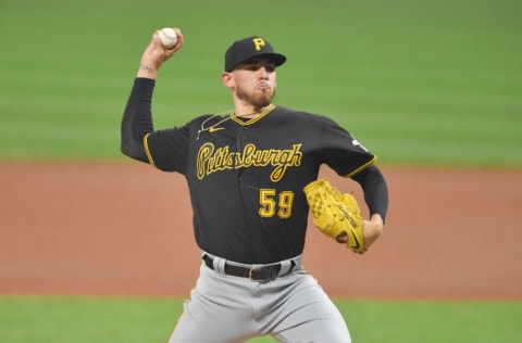 CLEVELAND, OHIO - SEPTEMBER 26: Starting pitcher Joe Musgrove #59 of the Pittsburgh Pirates pitches during the first inning against the Cleveland Indians at Progressive Field on September 26, 2020 in Cleveland, Ohio. (Photo by Jason Miller/Getty Images)