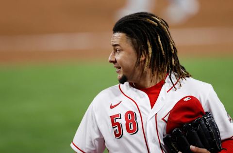 CINCINNATI, OH - SEPTEMBER 21: Luis Castillo #58 of the Cincinnati Reds looks on during a game against the Milwaukee Brewers at Great American Ball Park on September 21, 2020 in Cincinnati, Ohio. The Reds won 6-3. (Photo by Joe Robbins/Getty Images)