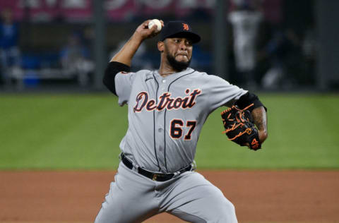 KANSAS CITY, MISSOURI - SEPTEMBER 25: Relief pitcher Jose Cisnero #67 of the Detroit Tigers throws in the seventh inning against the Kansas City Royals at Kauffman Stadium on September 25, 2020 in Kansas City, Missouri. (Photo by Ed Zurga/Getty Images)