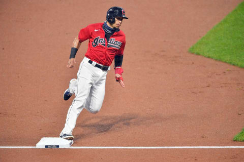 CLEVELAND, OHIO – SEPTEMBER 30: Cesar Hernandez #7 of the Cleveland Indians rounds third on his way to score on a double by Jose Ramirez #11 during the first inning of Game Two of the American League Wild Card Series against the New York Yankees at Progressive Field on September 30, 2020 in Cleveland, Ohio. (Photo by Jason Miller/Getty Images)