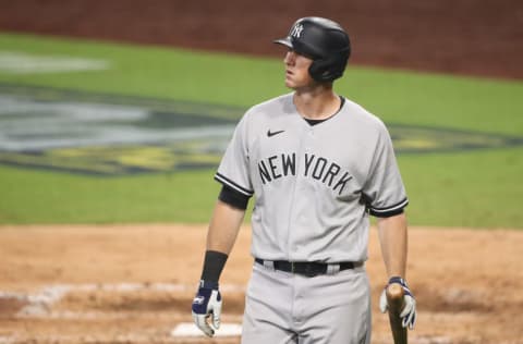 SAN DIEGO, CALIFORNIA - OCTOBER 06: DJ LeMahieu #26 of the New York Yankees reacts after striking out against the Tampa Bay Rays during the seventh inning in Game Two of the American League Division Series at PETCO Park on October 06, 2020 in San Diego, California. (Photo by Sean M. Haffey/Getty Images)