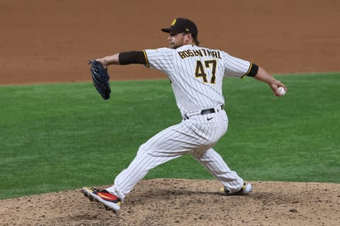 ARLINGTON, TEXAS – OCTOBER 08: Trevor Rosenthal #47 of the San Diego Padres pitches during the ninth inning against the Los Angeles Dodgers in Game Three of the National League Division Series at Globe Life Field on October 08, 2020 in Arlington, Texas. (Photo by Tom Pennington/Getty Images)