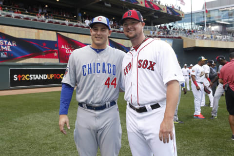 MINNEAPOLIS, MN – JULY 15: National League All-Star Anthony Rizzo #44 of the Chicago Cubs and American League All-Star Jon Lester #31 of the Boston Red Sox pose for pictures before the 85th MLB All-Star Game at Target Field on July 15, 2014 in Minneapolis, Minnesota. The American League defeated the National League 5-3. (Photo by Bruce Kluckhohn/Minnesota Twins/Getty Images)