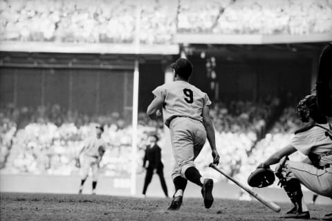 USA-1961: Roger Maris #9 of the New York Yankees swings at a pitch during a MLB game in 1961. (Photo by C&G Collections/Getty Images)