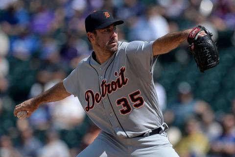 DENVER, CO – AUGUST 30: Justin Verlander #35 of the Detroit Tigers pitches against the Colorado Rockies in the first inning of a game at Coors Field on August 30, 2017 in Denver, Colorado. (Photo by Dustin Bradford/Getty Images)