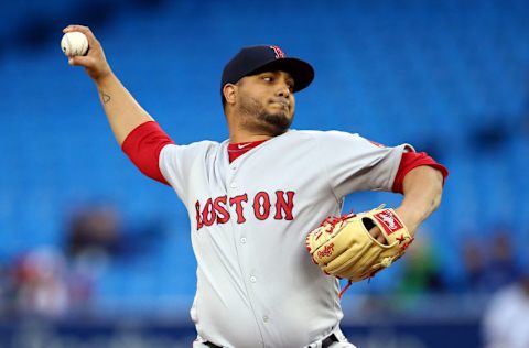 TORONTO, ON - SEPTEMBER 12: Jhoulys Chacin #43 of the Boston Red Sox delivers a pitch in the first inning during a MLB game against the Toronto Blue Jays at Rogers Centre on September 12, 2019 in Toronto, Canada. (Photo by Vaughn Ridley/Getty Images)