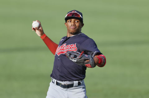 CLEVELAND, OH - JULY 16: Greg Allen #1 of the Cleveland Indians warms up before an intrasquad game during summer workouts at Progressive Field on July 16, 2020 in Cleveland, Ohio. (Photo by Ron Schwane/Getty Images)