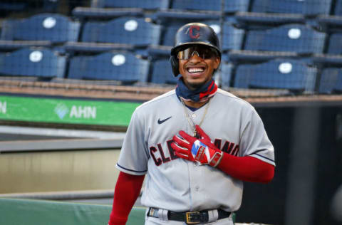 PITTSBURGH, PA - AUGUST 20: Francisco Lindor #12 of the Cleveland Indians laughs while on deck against the Pittsburgh Pirates at PNC Park on August 20, 2020 in Pittsburgh, Pennsylvania. (Photo by Justin K. Aller/Getty Images)