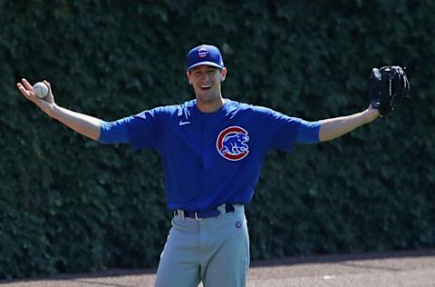 CHICAGO, ILLINOIS - JULY 11: Kyle Hendricks #28 of the Chicago Cubs participates during a summer workout at Wrigley Field on July 11, 2020 in Chicago, Illinois. (Photo by Jonathan Daniel/Getty Images)