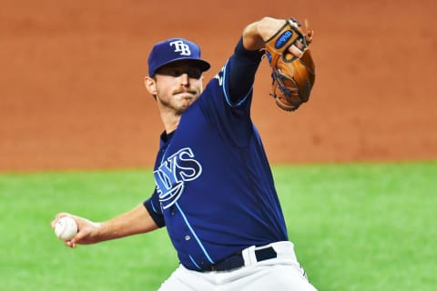 ST PETERSBURG, FLORIDA – JULY 28: Oliver Drake #47 of the Tampa Bay Rays pitches in the ninth inning against the Atlanta Braves at Tropicana Field on July 28, 2020 in St Petersburg, Florida. (Photo by Julio Aguilar/Getty Images)