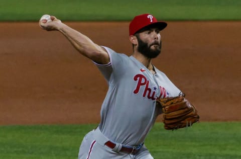 MIAMI, FLORIDA - SEPTEMBER 10: Jake Arrieta #49 of the Philadelphia Phillies delivers a pitch in the first inning against the Miami Marlins at Marlins Park on September 10, 2020 in Miami, Florida. (Photo by Mark Brown/Getty Images)