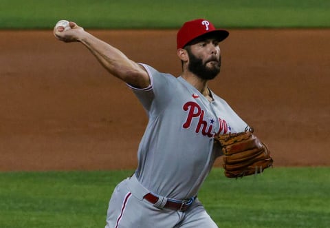 MIAMI, FLORIDA – SEPTEMBER 10: Jake Arrieta #49 of the Philadelphia Phillies delivers a pitch in the first inning against the Miami Marlins at Marlins Park on September 10, 2020 in Miami, Florida. (Photo by Mark Brown/Getty Images)