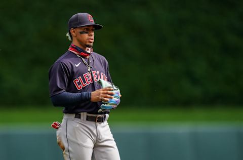 MINNEAPOLIS, MN - SEPTEMBER 13: Francisco Lindor #12 of the Cleveland Indians looks on against the Minnesota Twins on September 13, 2020 at Target Field in Minneapolis, Minnesota. (Photo by Brace Hemmelgarn/Minnesota Twins/Getty Images)