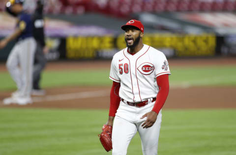 CINCINNATI, OH - SEPTEMBER 21: Amir Garrett #50 of the Cincinnati Reds reacts during a game against the Milwaukee Brewers at Great American Ball Park on September 21, 2020 in Cincinnati, Ohio. The Reds won 6-3. (Photo by Joe Robbins/Getty Images)