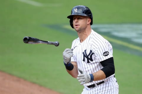 SAN DIEGO, CALIFORNIA - OCTOBER 08: Brett Gardner #11 of the New York Yankees reacts after drawing a walk against the Tampa Bay Rays during the second inning in Game Four of the American League Division Series at PETCO Park on October 08, 2020 in San Diego, California. (Photo by Sean M. Haffey/Getty Images)