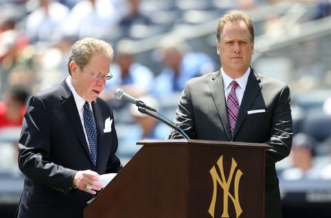 NEW YORK, NY - JUNE 25: Radio personality John Sterling (L) and television personality Michael Kay (R) introduce the players for the 71st Annual Old Timers Day at Yankee Stadium on June 25, 2017 in the Bronx borough of New York City. (Photo By Christopher Pasatieri/Getty Images)