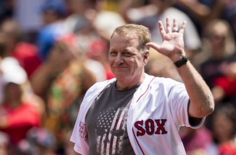 BOSTON, MA - JULY 30: Former Boston Red Sox player Curt Schilling is introduced during a 2007 World Series Champion team reunion before a game against the Kansas City Royals on July 30, 2017 at Fenway Park in Boston, Massachusetts. (Photo by Billie Weiss/Boston Red Sox/Getty Images)